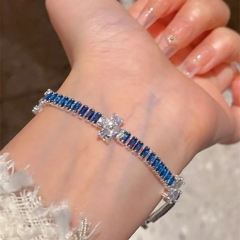 Vòng đeo tay có khóa đồng hồ Zircon, cỏ ba lá cành Mu Nan, Xanh Biển tối, Niche, cao cấp, giá cả phải chăng, sang trọng, bán chạy