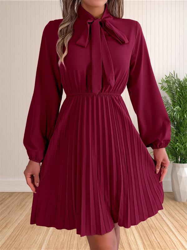 Women's Plain Knot Front Pleated A Line Long Sleeve  Dress, Elegant Bishop Sleeve Tie Neck Short Dress for Fall & Winter, Women's Clothing for Daily Wear 1