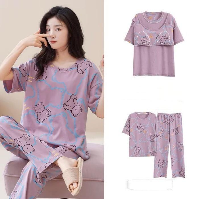 Product Introduction of Pajamas for Women with Chest Mat Sweet Short sleeved Pants Loose Edition Thin Home Clothes Outable Set Loungewear Nightwear Fabric Silk Cow Round Neck Lingerie Polyester Homewear Comfort Pjs Womenswear 19