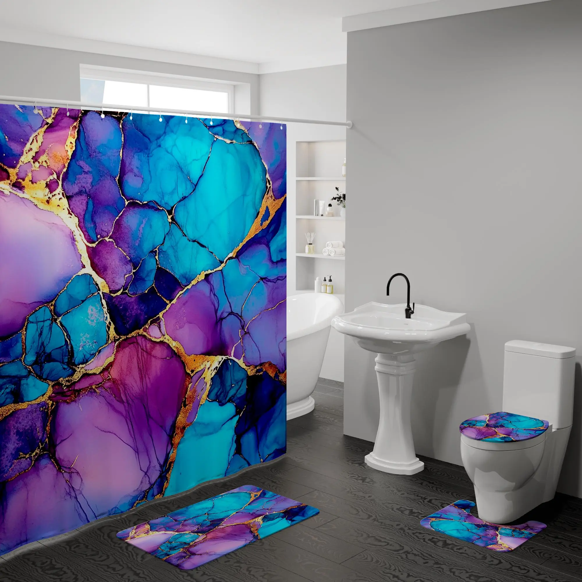 Marble Pattern Bathroom Accessories, 1 Count Shower Curtain/4 Counts Including Shower Curtain & Mat & Toilet Lid Cover & U-shaped Mat, Bathroom Decor