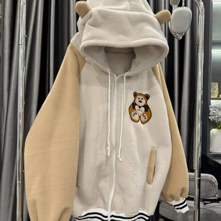  Áo khoác nỉ hoodie zip lót lông màu be phối mũ rộng phối tai gấu thêu hình chân cún hồng dễ thương cute cho nữ form rộng freesize 