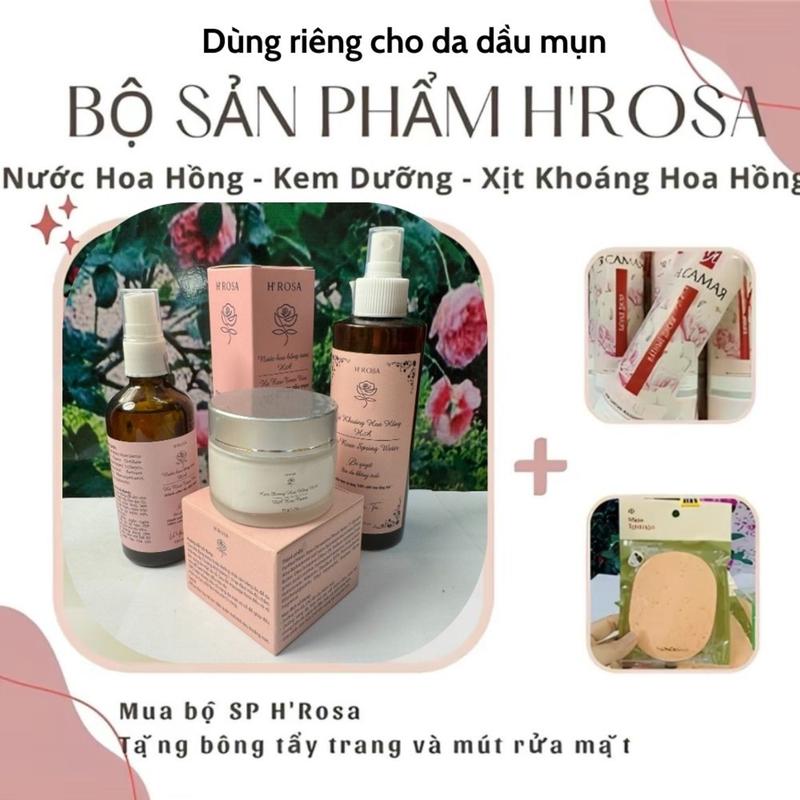 Bộ sản phẩm H'Rosa gồm: Kem Dưỡng 50g - Toner Hoa Hồng dùng riêng cho da dầu mụn 100ml - Xịt Khoáng 200ml Tặng Bông tẩy trang 120 và miếng Mút rửa mặt Skincare Serum Chăm Sóc Da Làm Đẹp Da Massage