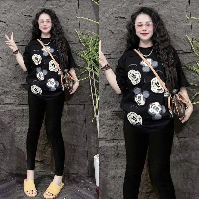 { Chất Liệu Tăm QC } Set Đồ Bộ Nữ Dáng Quần Dài Ôm + Áo Thun Form Rộng In CHUỘT MIKI NGẦU BIGSIZE 45-85KG Mặc Nhà Đi Chơi TOP NU