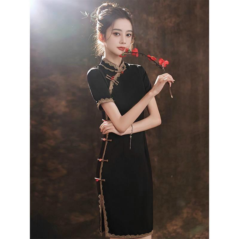 Sườn xám xẻ tà  phối ren mặc chơi tết màu đen chất vải thun co giãn Nữ Dress
