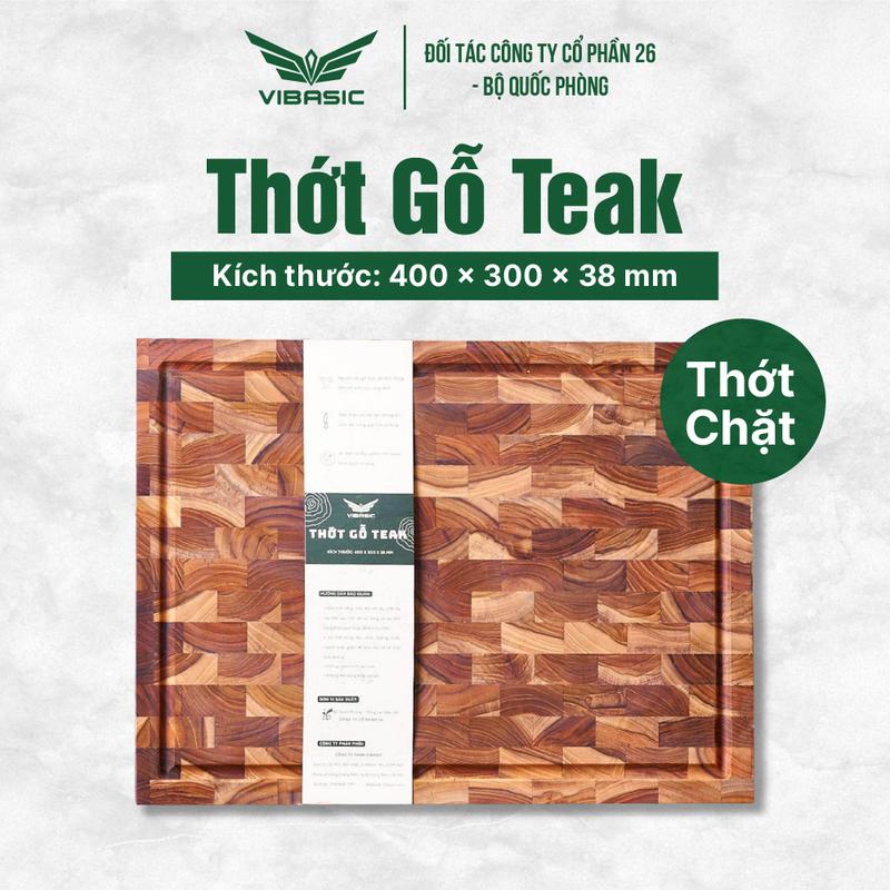 Thớt gỗ Teak Vibasic ghép dựng block kích thước 400x300x38mm, dùng để chặt