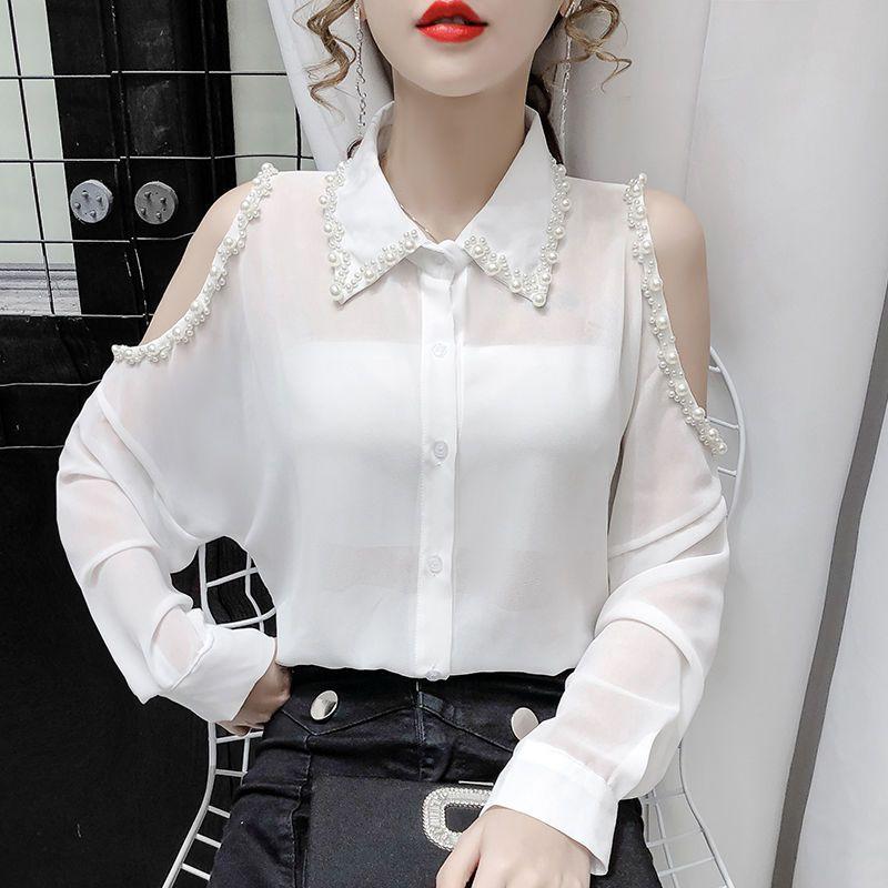 Áo Sơ Mi Mỏng, Thiết Kế Độc Đáo Phong Cách Hàn Quốc Mới, Sành Điệu Và Thanh Lịch, Tay Áo Dài, Trễ Vai, Áo Cánh Voan, Dành Cho Phụ Nữ, Thời Trang Top Women Shirt 1