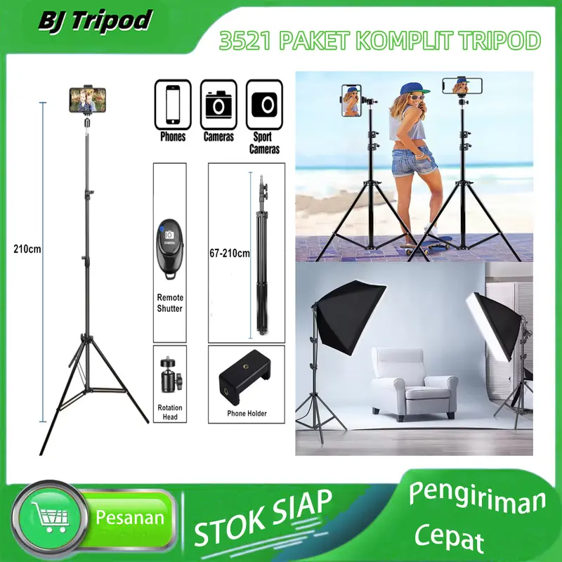 BJ 3521 PAKET KOMPLIT TRIPOD 2.1M +REMOT BLUETOOTH +BALL HEAD+ BAG tripod  mixio 3520 pro Ringlight Led Handphone Tongsis tripod  murah BJ 3521  tripod Holder tripod  excel 0