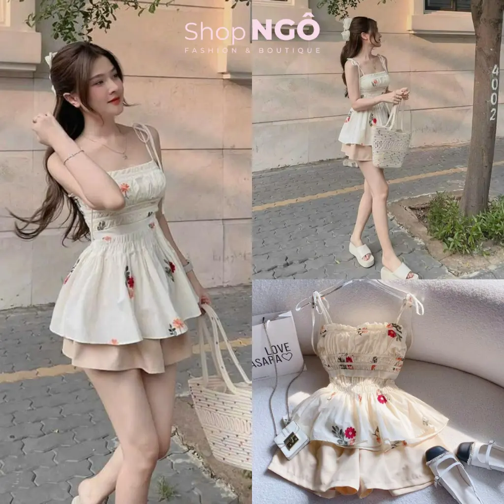 Set bộ đùi áo Badydoll 2 dây tiểu thư dáng xoè mix quần short xinh xắn họa tiết in hoa đi biển shop ngô fashion