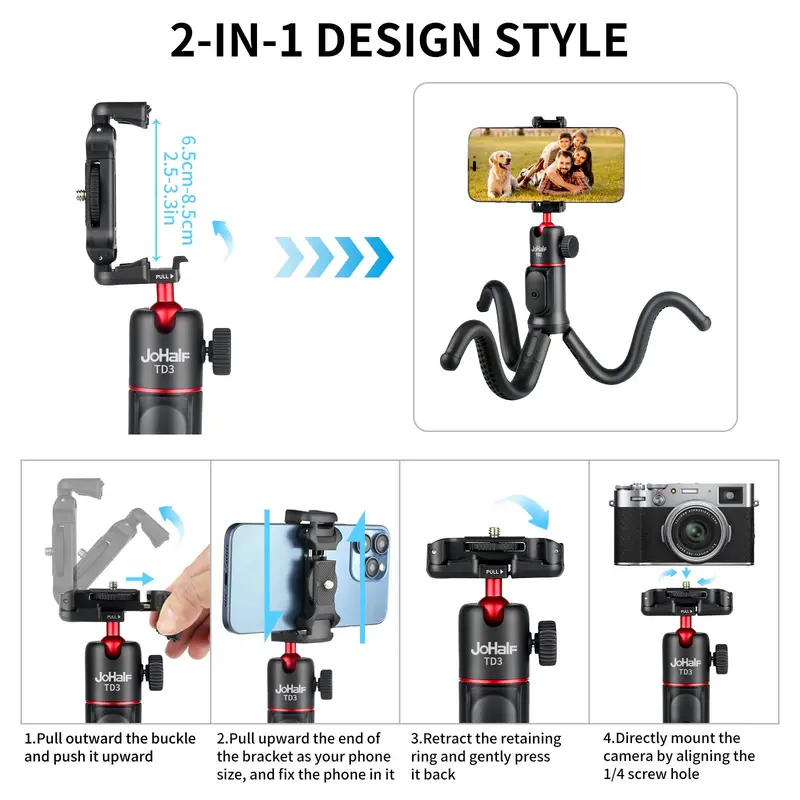 Portable Selfie Stick Tripod, Handheld Camera Octopus Tripod with Remote Control, Mini Flexible Camera Support, Universal Camera Stand for iPhone 2