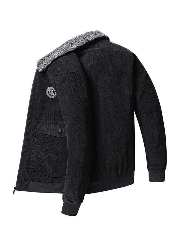 Men's Regular Fit Solid Patched Pocket Fleece Jacket, Casual Long Sleeve Zip Up Outerwear for Winter, Men's Clothes for Daily Wear 7