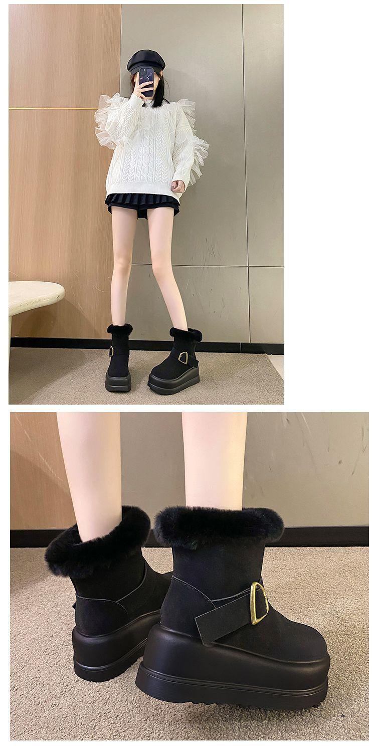 Product Introduction of Platform Height Increasing Snow Boots for Women Versatile Fashion 2023 Winter New Style Chunky Short Boots Cotton Shoes Mid-Calf Boots Trendy Pedal 24