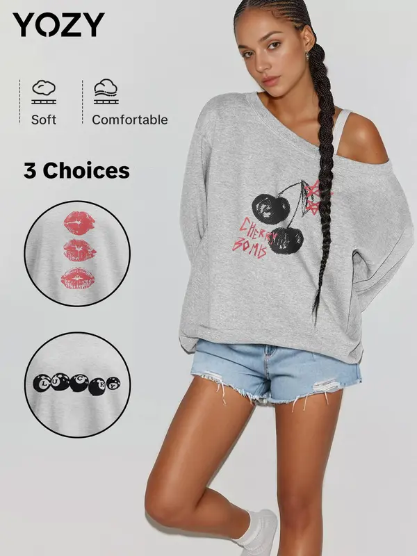 YOZY Women's Lip/Cherry/Billiard Ball Print Asymmetrical Neck Sweatshirt, Casual Drop Shoulder Long Sleeve Pullover for Spring & Fall, Ladies Clothes for Daily Wear 3
