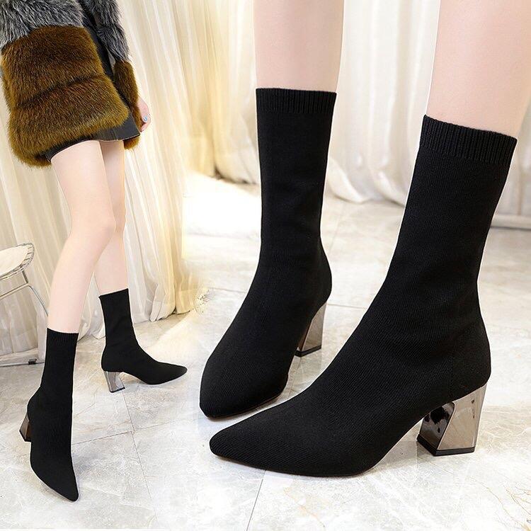  Form rộng đi lùi size  Bốt len cao cổ gót trụ gương ôm chân  chân nhỏ thon đi lùi size  Boot Nữ Cổ Cao giay  bot Shoes GiàY 