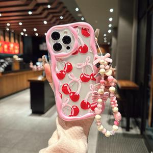 Funda para celular con patrón de cerezas y moño, cubierta protectora decorativa, accesorios para celular compatibles con iPhone 11 12 13 14 15 16 Pro Max/Pro/Plus, funda