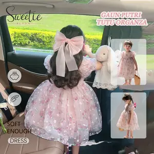 [Sweetie bloom] 1-11 tahun Gaun Musim Panas Anak Perempuan Lengan Gelembung Motif Bunga Sederhana Warna Pink Muda Bahan Breathable Gaya Manis