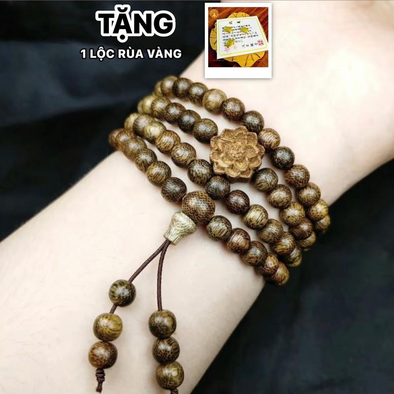 [TẶNG LỘC RÙA VÀNG] Vòng Tay Trầm Hương 108 Hạt Size 6Li Mix Hoa Sen Gỗ/ Charm Theo Mệnh - Kèm Hộp Gấm Sang Trọng Đựng Vòng Phụ Kiện
