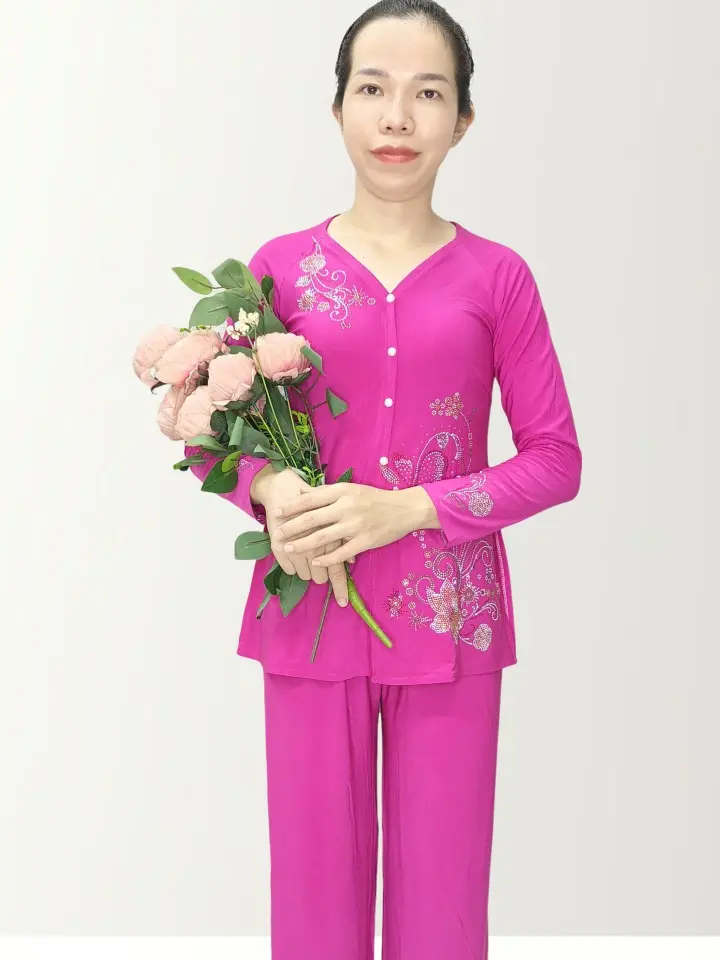 BỘ BÀ BA MÀU ĐÍNH ĐÁ, TAY DÀI - QUẦN ỐNG RỘNG 28cm, ( 5 SIZE  : TỪ 48KG ĐẾN 65KG ) Nữ Ong Áo Women Voi Top Thun Nhung