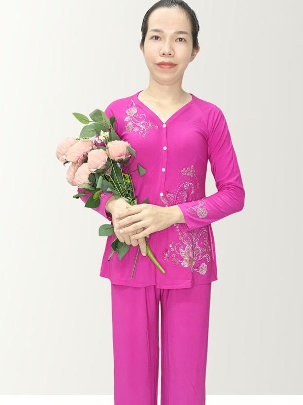 BỘ BÀ BA MÀU ĐÍNH ĐÁ, TAY DÀI - QUẦN ỐNG RỘNG 28cm, ( 5 SIZE  : TỪ 48KG ĐẾN 65KG ) Nữ Ong Áo Women Voi Top Thun Nhung 1