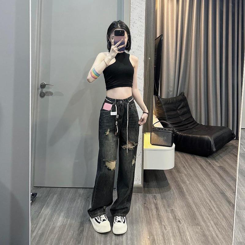 Quần jean rách gối MELINA ( tặng kèm dây) quần bò suông dành cho nữ hiện đại thời trang màu đen ánh rêu 8739 quan jean ong rong