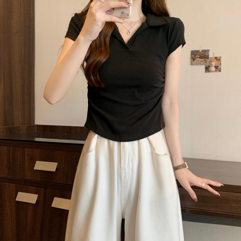 Product Introduction of 106 # Real Shot Real Price 40s Pure Cotton 210g (92% Cotton/8% Spandex) Polo Collar Waist-Cinching Short Sleeve T-Shirt for Women Top Womenswear 18