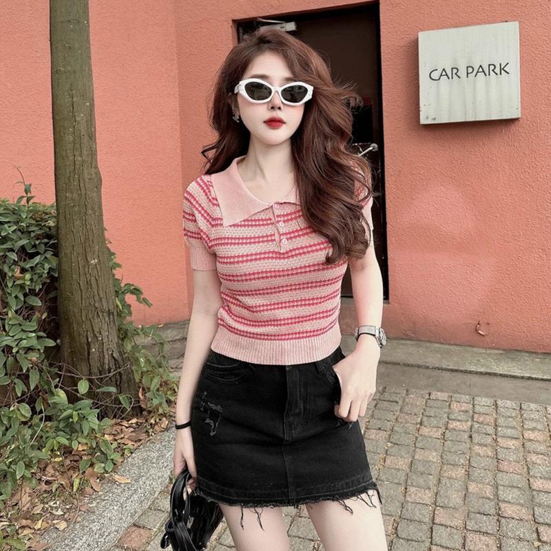 Áo Len Cộc Tay Cổ Bẻ Siêu Xinh, Áo Polo Cài Cúc (38-52Kg) Ngực Năng Động Nhiều Màu PG10 Nữ Top