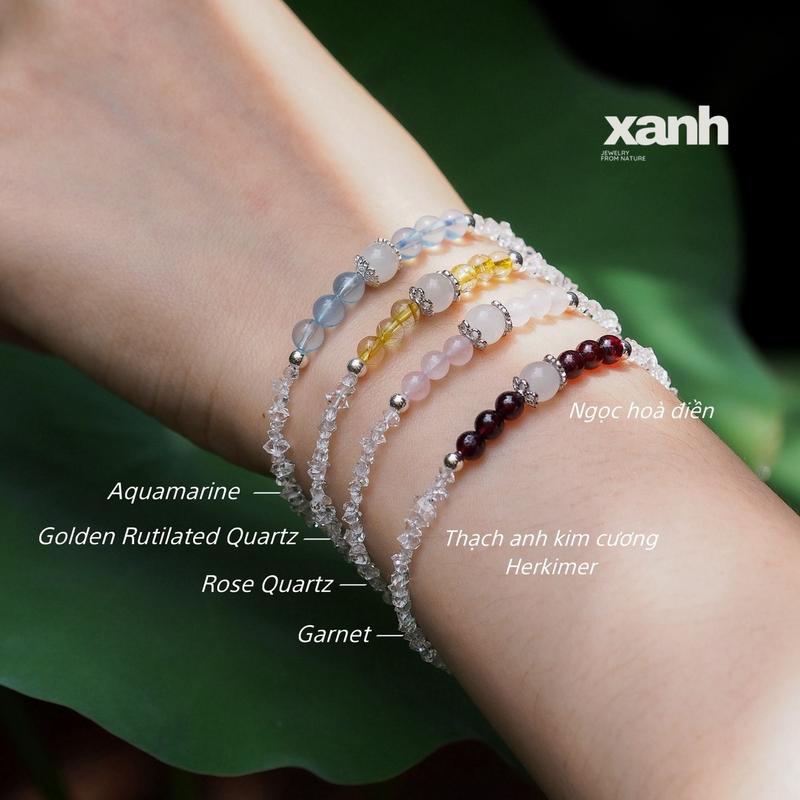  Vòng tay thạch anh kim cương Herkimer mix ngọc hoà điền và đá thiên nhiên charm hoa bi bạc thanh lịch hằng ngày- Xanh Jewelry Điềm lành Vietnam Rose quartz đá  đỏ garnet 