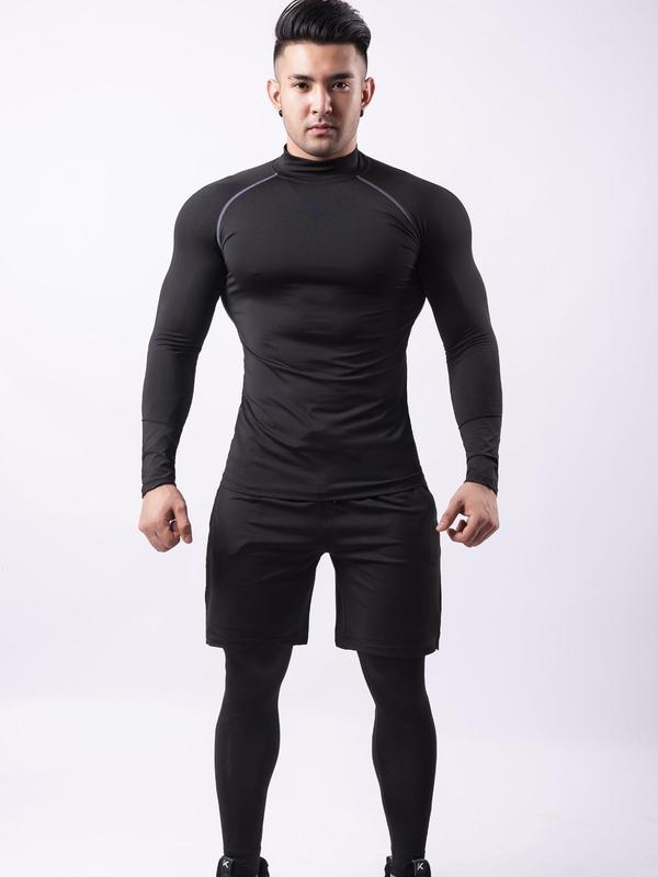 Three-Piece Set Sporty Men's Plain Tracksuit Set, Sport Mock Neck Tee & Drawstring Shorts & Letter Tape Leggings, Men's Sportswear for Gym Workout Running Training 3