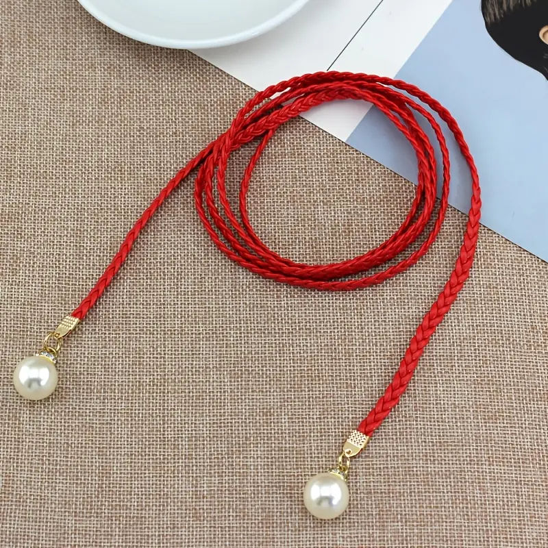 [1pc Elegant Braided Belt] 1pc Elegant Women's Braided Waist Rope Belt with Classic Pearl Pendant | Vintage Sweet Style, Non-Washable, Perfect for Dresses, Wedding Belt, Available in Black, Pink, Red, Brown 2