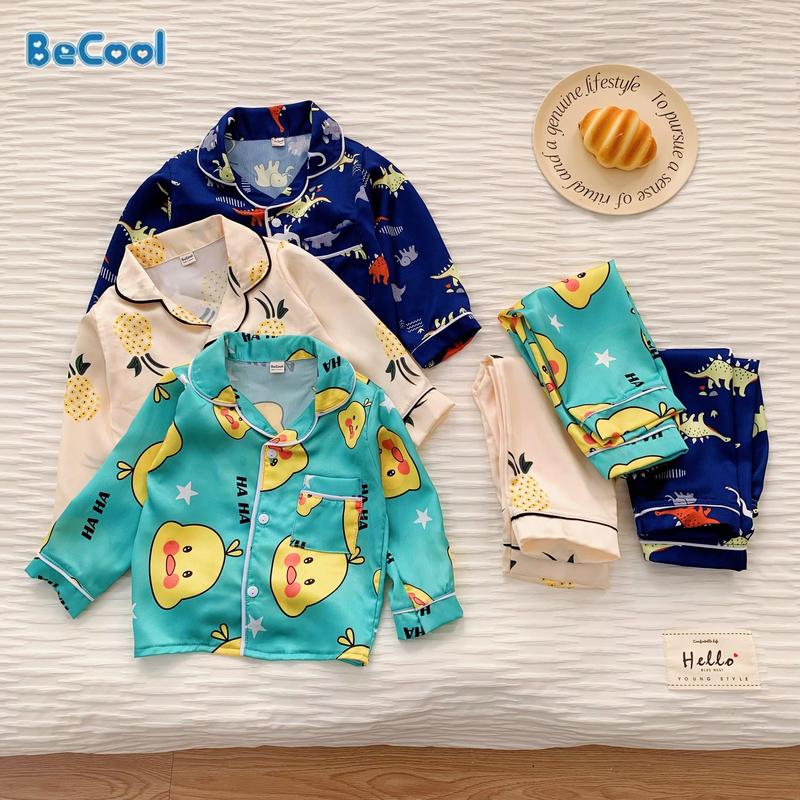 Bộ Pijama, bộ áo ngủ dài tay chất lụa satin in hình con vịt, quả dứa trai từ 8-28kg đồ ngủ cho bé chobe
