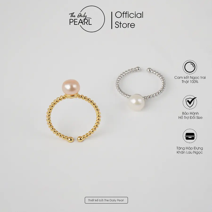 Nhẫn Oria ngoc trai nước ngọt 6mm dáng bánh bao, độ sáng 5A, hợp kim cao cấp giữ màu theo thời gian - The Daily Pearl