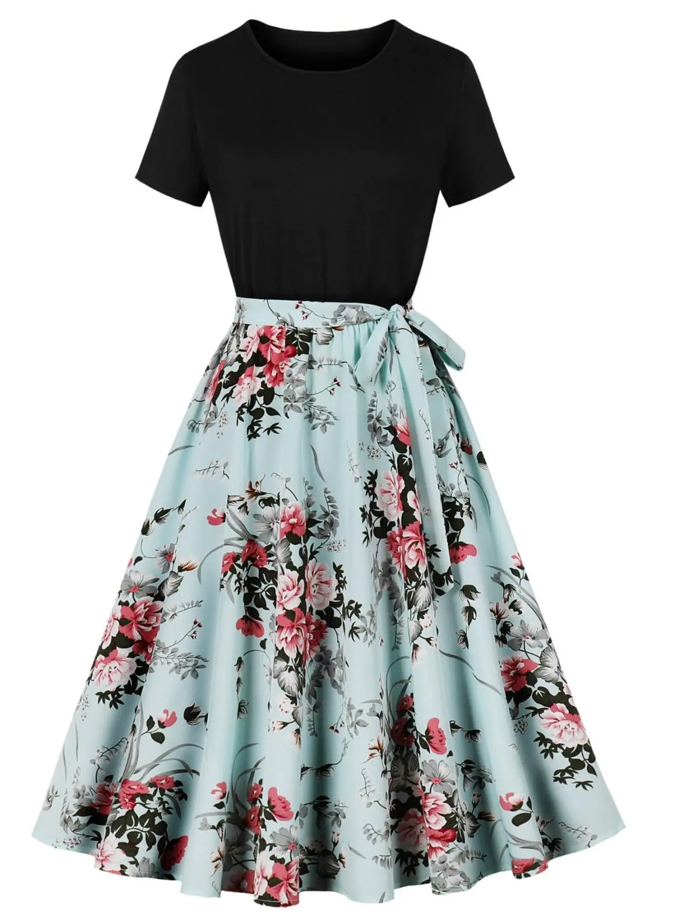 Women's Floral Print Knot Pleated A Line Dress, Elegant Round Neck Short Sleeve Midi Dress for Beach Holiday Vacation, Ladies Summer Clothes
