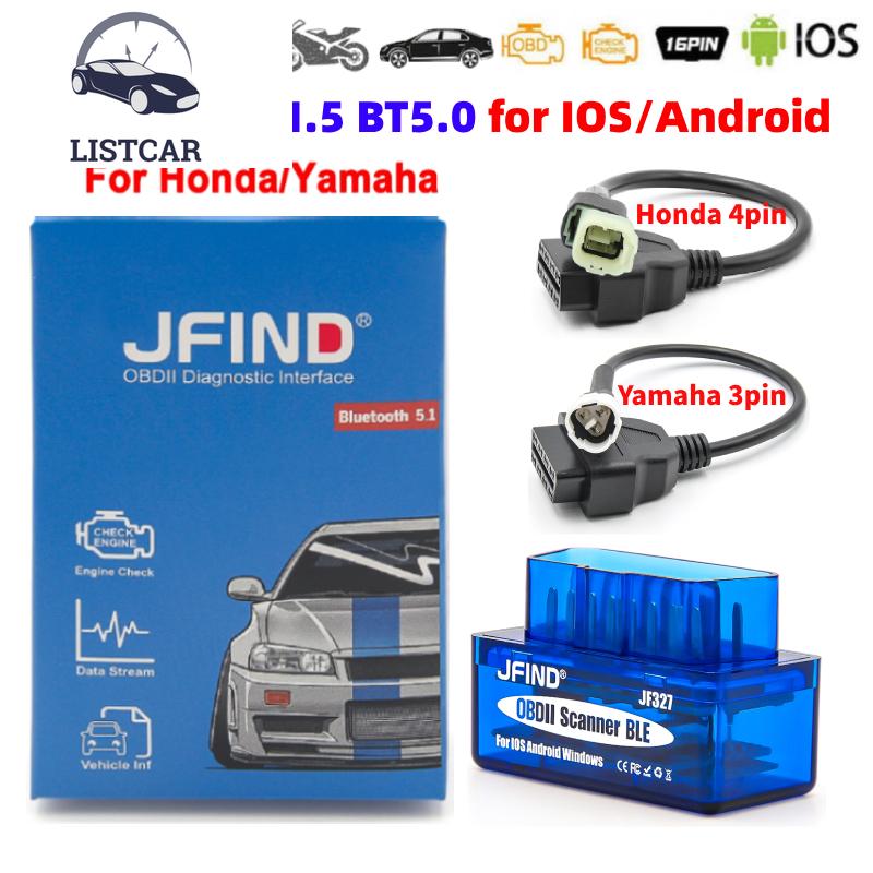 Máy Quét Xe Máy OBD2, JFIND JF327 V1.5, Bluetooth5.0, Tương thích với Android / IOS, Tương thích với Yamaha y15 và Honda, 3PIN đến 16PIN, Cáp OBD 2 4PIN, Máy Đọc Mã Lỗi Ô Tô, Công Cụ Chẩn Đoán Ô Tô, PK ELM327 0