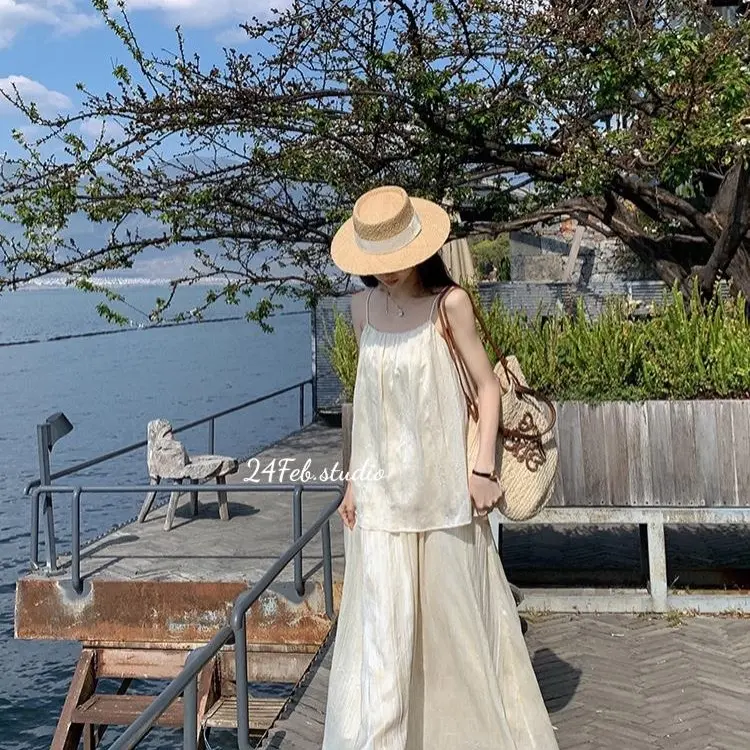 [SET15] Set áo hai dây tơ nhăn kèm chân váy dài Nữ phong cách vintage Hàn Quốc
