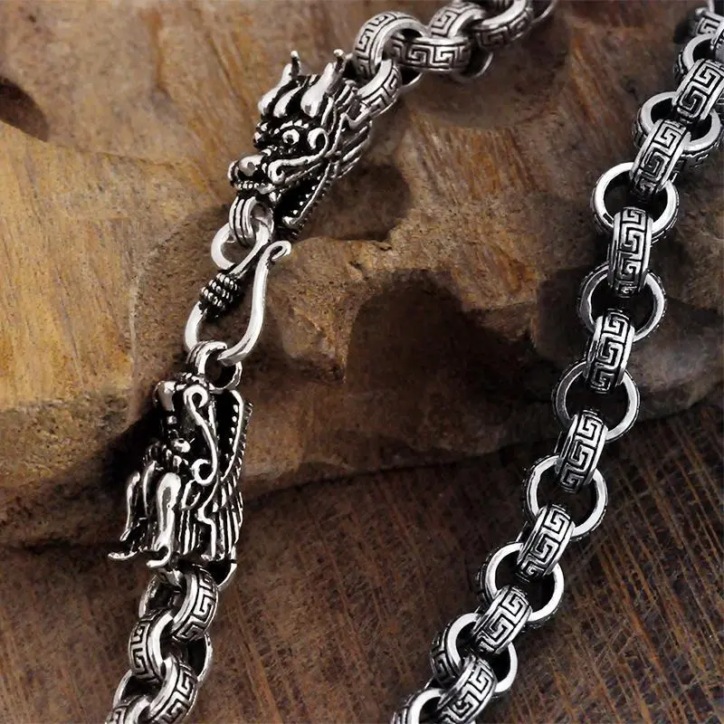 Vòng cổS925 Màu bạc độc đoán, đầu rồng đôi Trung Quốc, Màu bạc Sterling, Màu bạc Thái Lan, họa tiết trả lại cổ điển, họa tiết Vạn Lý Trường Thành, cá tính dày 8mm của nam giới