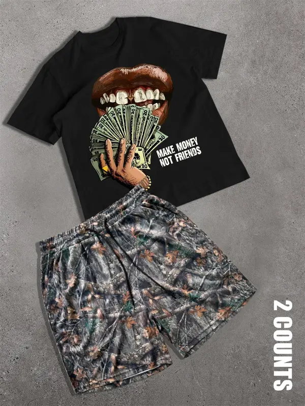 Men's Letter & Money Graphic Tee & Shorts Two-Piece Set, Regular Fit Casual Round Neck Short Sleeve T-shirt & Drawstring Waist Shorts, Men's Summer Clothes for Beach Vacation 4
