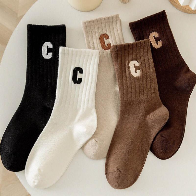 Set 10 Đôi Tất Cổ Cao Nam Nữ Họa Tiết Chữ C, Vỡ Cổ Cao Họa Tiết Chữ C Vải Cotton Mềm Mịn Kem Menswear