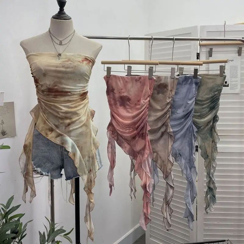 2025 New Summer Tie-Dye Ruffled Mesh Tube Top Irregular Flowing Thai Style Mesh Wrapped Chest Vest Top