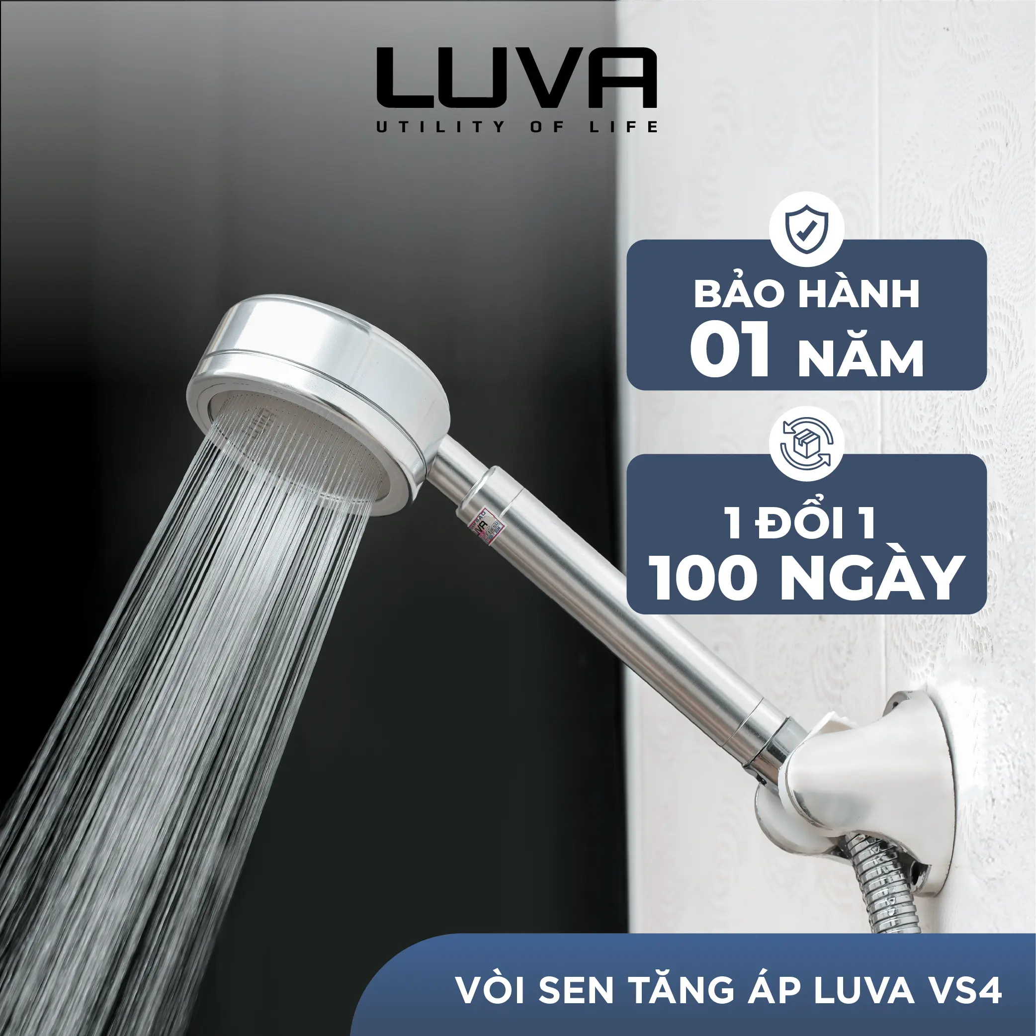 Vòi sen tăng áp LUVA VS4, bảo hành 1 năm, đổi lỗi 100 ngày, nhôm xước cao cấp