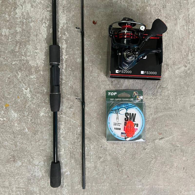 Combo Cần Câu Cá Lure Sói Đen và Máy FS 2000 Cối Bánh Răng Kim Loại Kèm Nhái Hơi và Dù + Khoá Link Bắt Cá Đi Câu Fishing