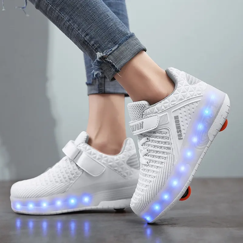 Roller Skating Shoes Kids Double Wheeled Heelys Adult Flash Luminous Pulley Shoes Rechargeable LED Shoes Removable Wheel shoes