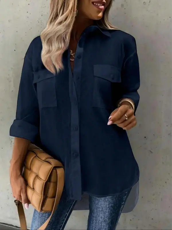 【Plus Size】 Solid Color Rolled Sleeve Button Up Shirt, Casual Curved Hem Top for Spring & Fall, Women's Clothes for Daily Wear 5