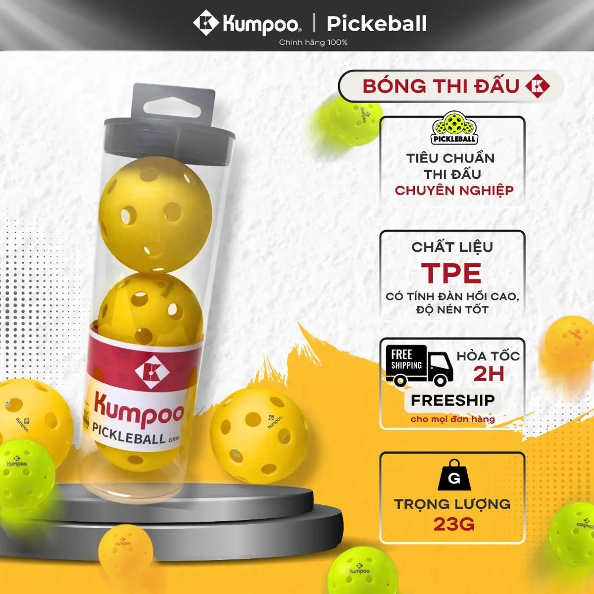 Bộ 3 bóng pickleball Kumpoo KPQ-L26 26 lỗ TPE siêu bền, đạt chuẩn luyện tập, thi đấu trong nhà cho mọi người chơi