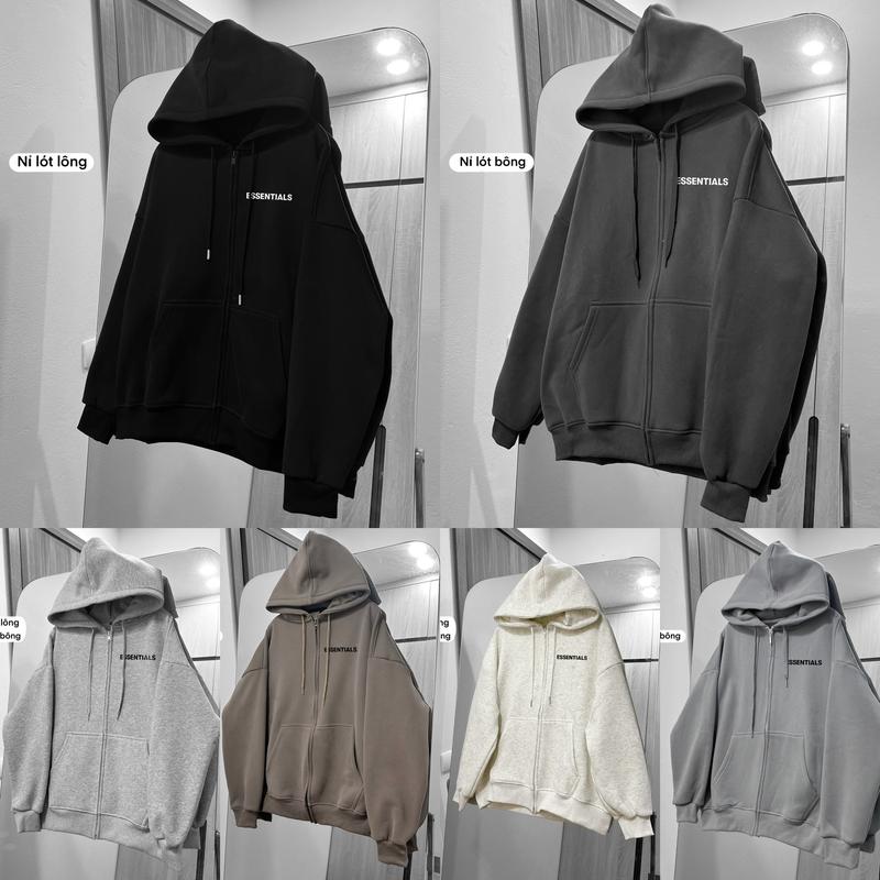 Áo Hoodie Zip Nỉ Bông Nỉ Lót Lông Form Rộng Nam Nữ Unisex Áo Khoác Nỉ Bông Xám ESSENTIALS basic có bigsize đến 110k