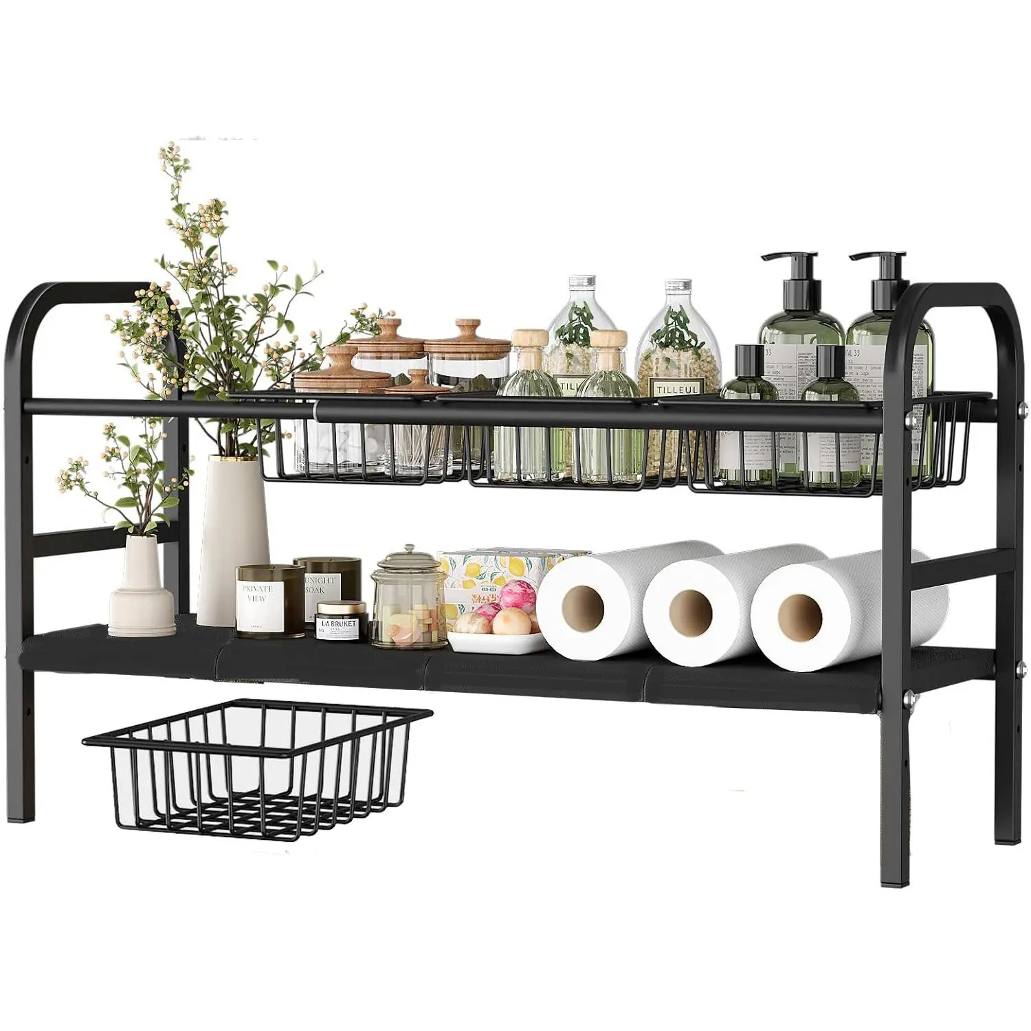 Under Sink Organizer, 1 Count 2 Tier Expandable Cabinet Shelf Organizer with Removable Panels, Under Counter Storage Organizer for Kitchen, Bathroom