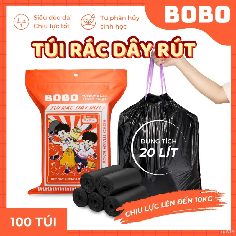 Túi rác BoBo túi đựng rác có dây rút tự phân huỷ bịch 5 cuộn 100 túi size 50x55cm túi bịch đựng rác có quai chổi  lau  nhà cayla  umini cây  tường  sàn nylon dẽo dai bình thường túi rác  bobo sáp  thơm  phòng  ngủ it phong tinh dau _ chanh hạt  treo  dán 0
