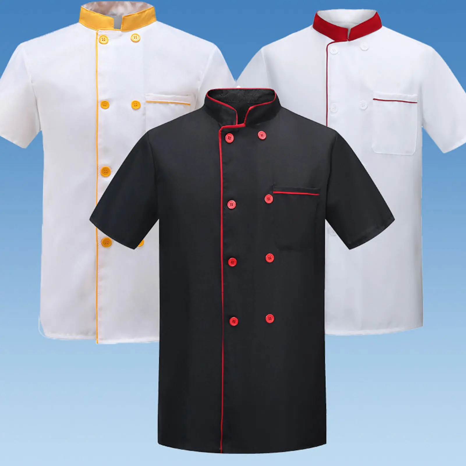 [HN]Summer Chef Uniform Double-breasted Short Sleeve Unisex Stand Collar Soft Breathable Stain-resistant Loose Cook Kitchen Bakery Restaurant Canteen Waiter Top