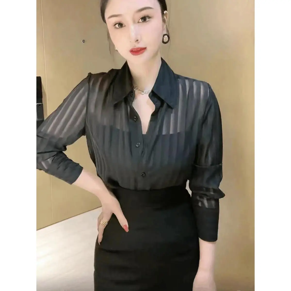 Áo Voan Dài Tay Độc Đáo Thiết Kế Xinh Xắn, Dành Cho Mùa Hè Của Phụ Nữ, Phong Cách Pháp, Thanh Lịch, Siêu Trong Suốt, Áo Sơ Mi Nhỏ Sọc Dọc, Loại Mỏng, Áo Chống Nắng Women Voi Top Shirt