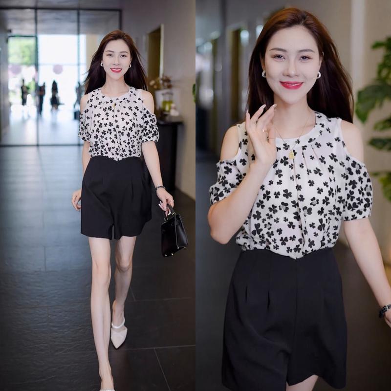 Product Introduction of Áo Voan Hoa, Dành Cho Nữ, Bộ Sưu Tập Mùa Hè 2024, Hàng Mới Về, Thời Trang Và Phong Cách, Áo Trễ Vai, Thanh Lịch, Áo Sơ Mi ngắn Tay Hoang Dã 9