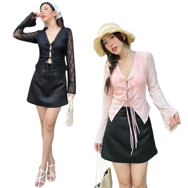 [CÓ BIGSIZE] Áo Ren Kiểu Cột Nơ Có Mút Ngực Tay Dài Ống Loe A8 Thun Hoa Nổi Đúp Lót 3 Lớp Siêu Đẹp Nữ Women Nữ Women Top Ong Sơ Mi