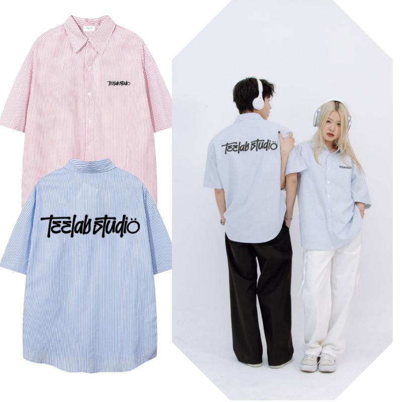 Áo Sơ Mi Tay Ngắn Kẻ Sọc Teelab Graffiti Unisex Form Oversize Local Brand màu Xanh Hồng Nam Menswear